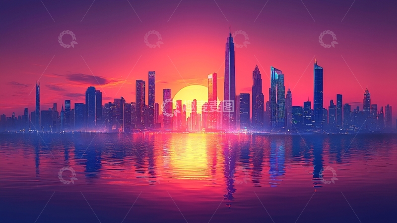 高清大图下载【趣麦麦图】城市天际线日落景观