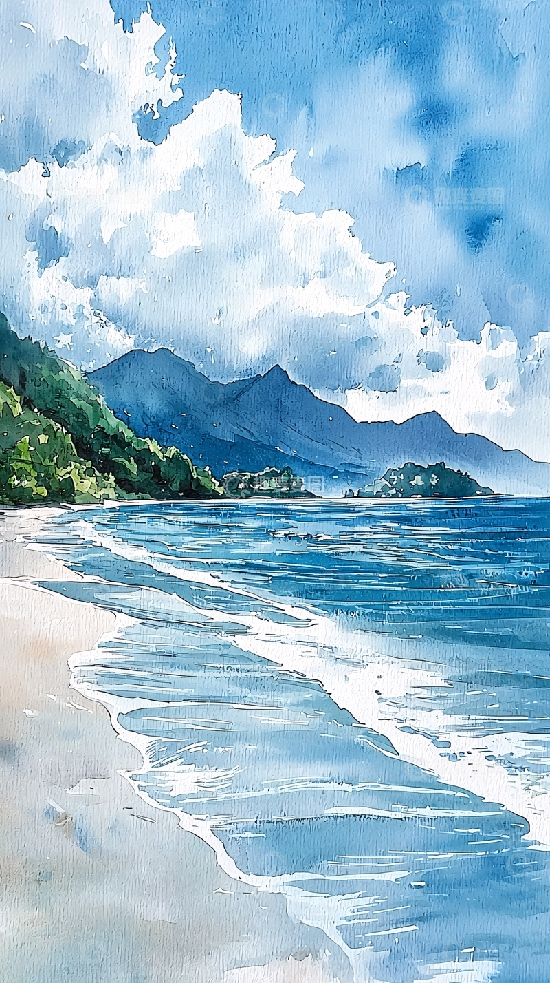 高清大图下载【趣麦麦图】水彩海滩风景2