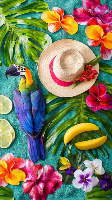 热带水果鹦鹉帽子花卉