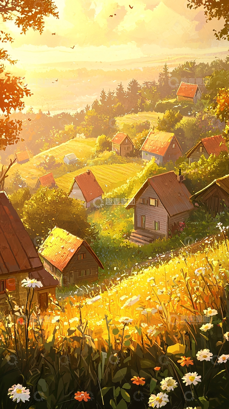 高清大图下载【趣麦麦图】夕阳下的田园村庄