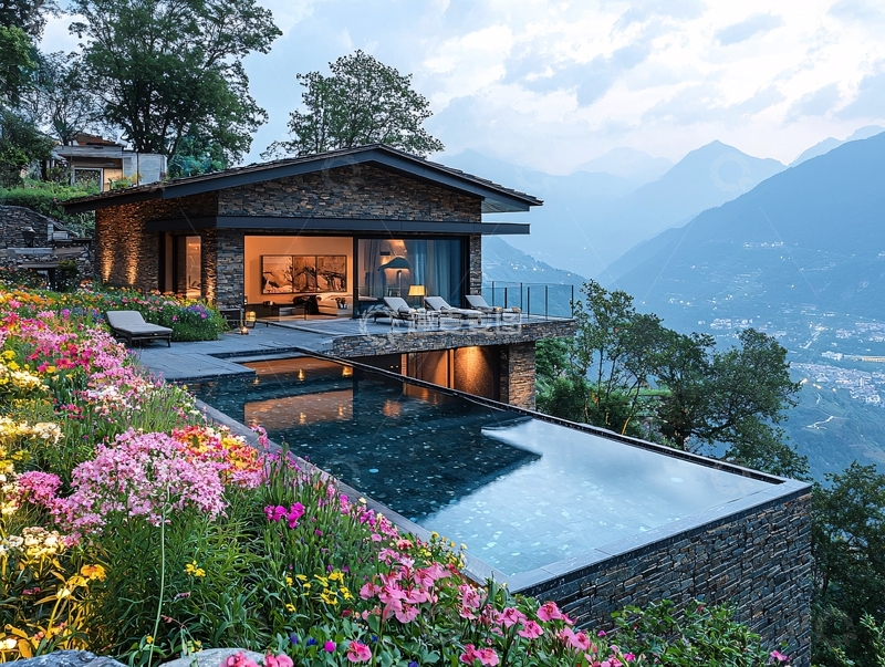 高清大图下载【趣麦麦图】山景别墅泳池花园