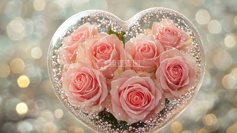高清大图下载【趣麦麦图】心形玻璃瓶粉色玫瑰花束