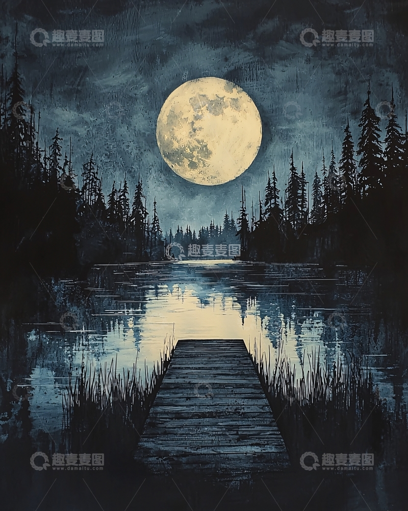 高清大图下载【趣麦麦图】月夜森林湖泊木栈道