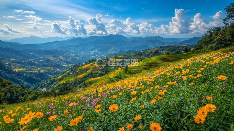 高清大图下载【趣麦麦图】山间田园金黄花海