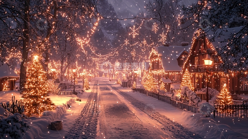 高清大图下载【趣麦麦图】下雪的圣诞小镇夜景