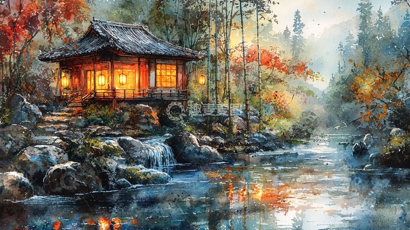 高清大图下载【趣麦麦图】秋日水边日式小屋