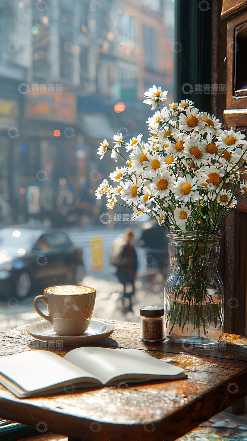 高清大图下载【趣麦麦图】咖啡馆窗边雏菊花咖啡