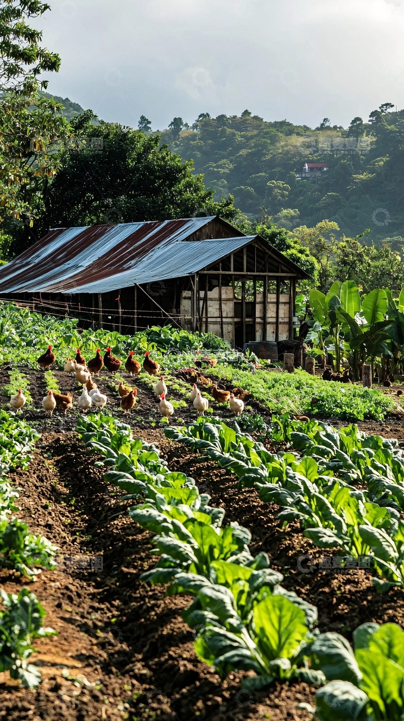 高清大图下载【趣麦麦图】山间农舍鸡群蔬菜田