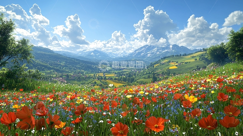 高清大图下载【趣麦麦图】阳光明媚的鲜花山谷