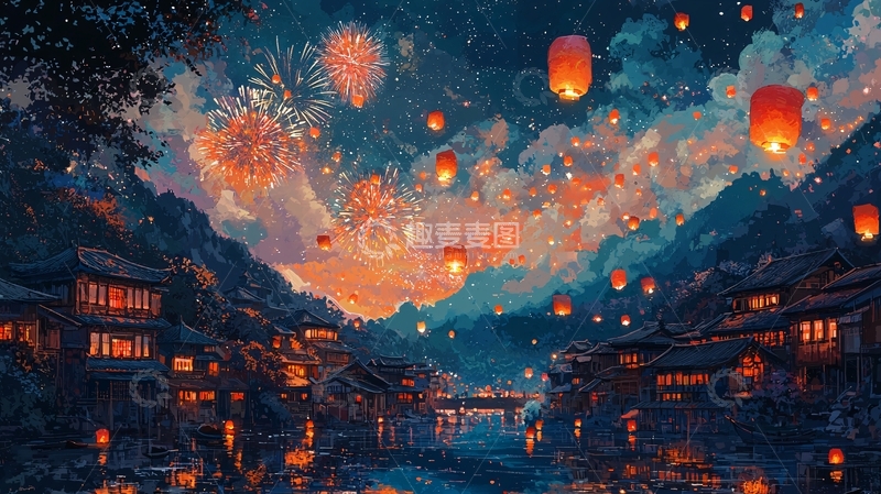 高清大图下载【趣麦麦图】梦幻山水小镇夜景