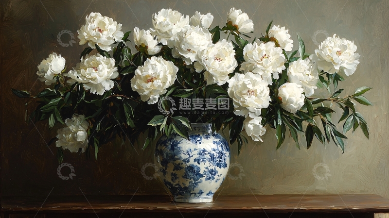 高清大图下载【趣麦麦图】白色牡丹花瓶静物画