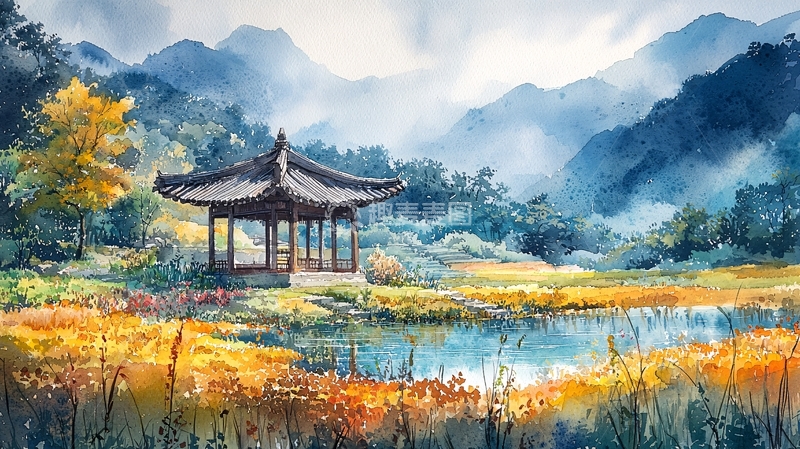 高清大图下载【趣麦麦图】山水亭台水彩画风