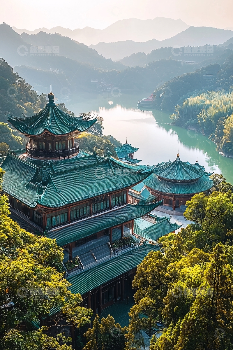 高清大图下载【趣麦麦图】翠色屋顶的中式建筑