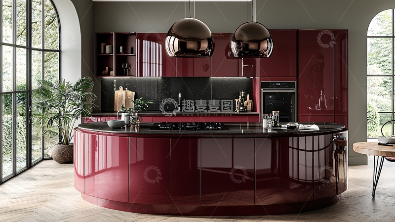 高清大图下载【趣麦麦图】酒红色现代化橱柜