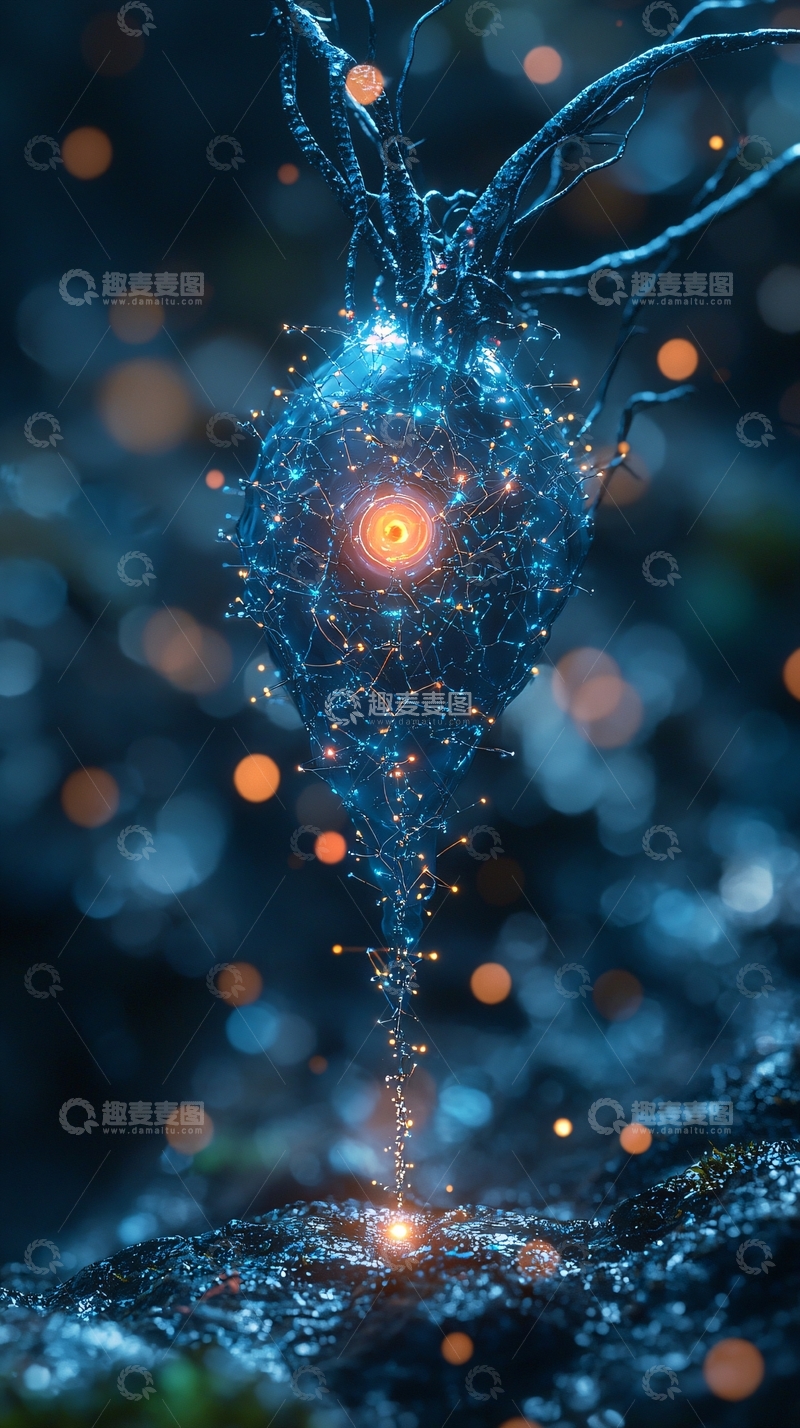 高清大图下载【趣麦麦图】深蓝发光的神经元细胞