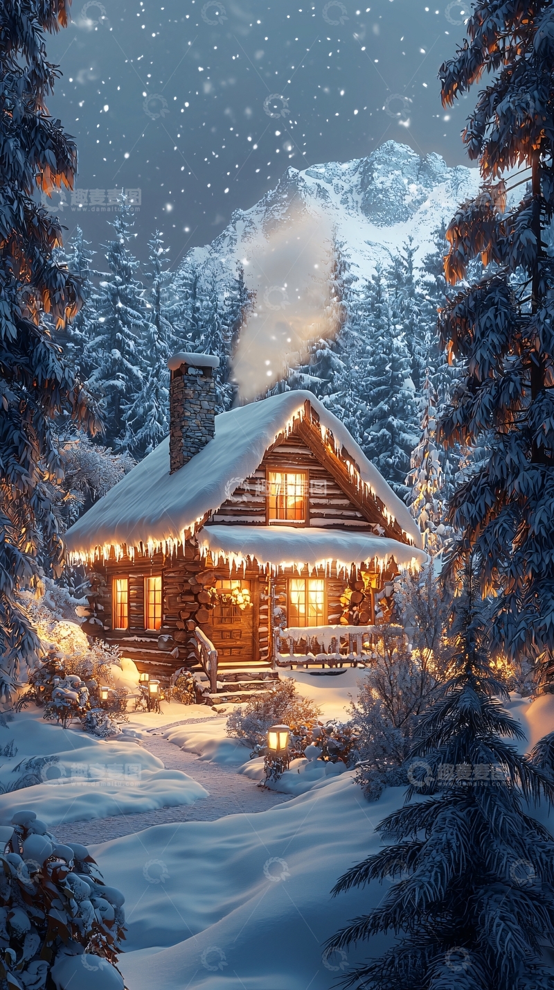 高清大图下载【趣麦麦图】雪夜里的木屋