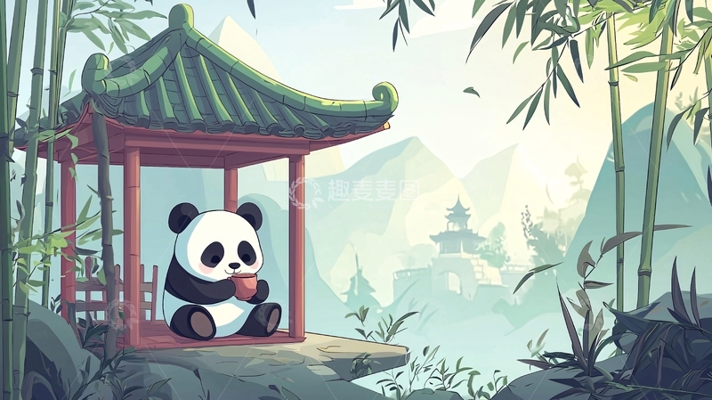 高清大图下载【趣麦麦图】水墨熊猫喝茶