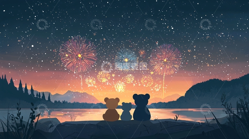 高清大图下载【趣麦麦图】星空下的小熊看烟花