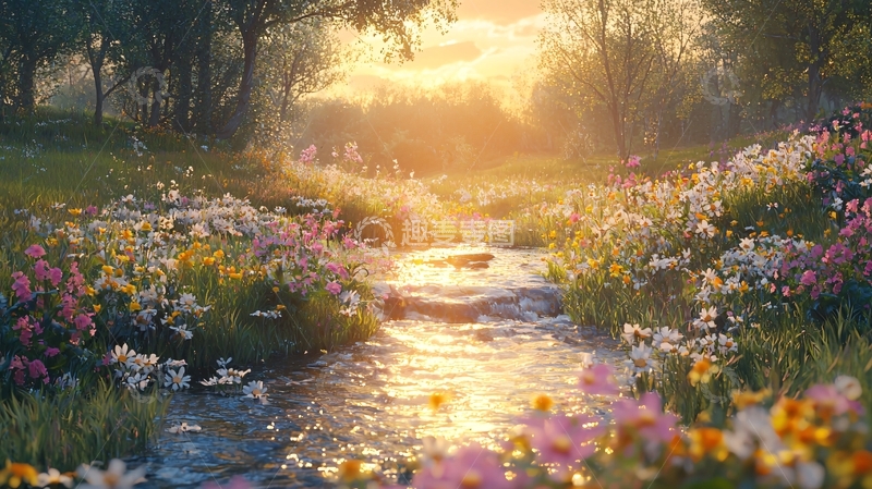 高清大图下载【趣麦麦图】夕阳下花海溪流