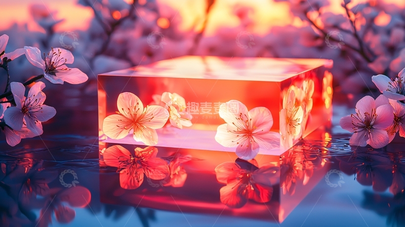 高清大图下载【趣麦麦图】日落樱花树脂方块