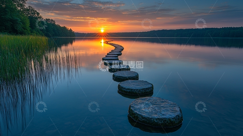 高清大图下载【趣麦麦图】湖面石阶日落美景