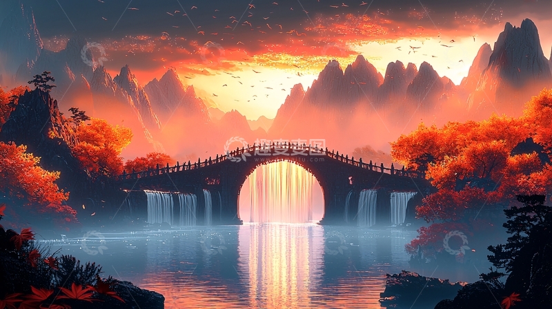 高清大图下载【趣麦麦图】秋日山峦古桥风景图