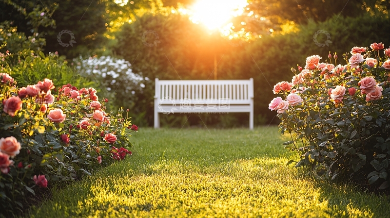 高清大图下载【趣麦麦图】花园长椅夕阳