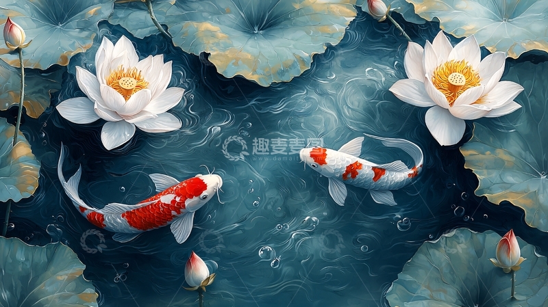 高清大图下载【趣麦麦图】荷花鲤鱼高清图