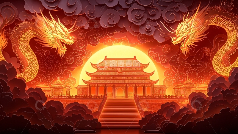 高清大图下载【趣麦麦图】双龙戏日宫殿剪影