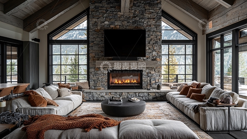 高清大图下载【趣麦麦图】极简风格石材壁炉客厅