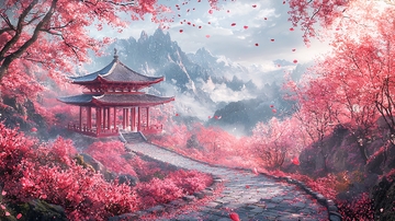 樱花盛开下的古风建筑