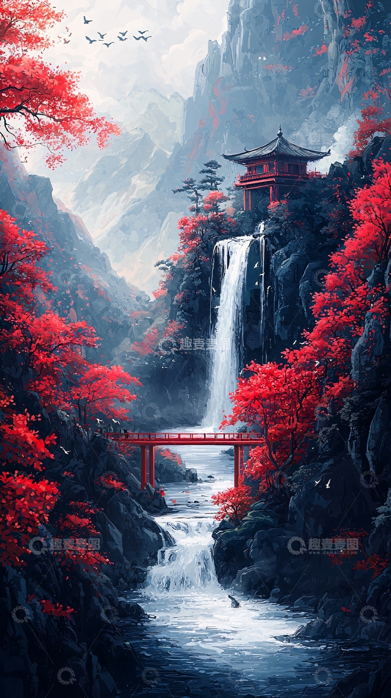 高清大图下载【趣麦麦图】红枫叶瀑布山间庙宇