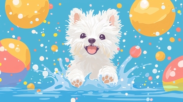 白色小狗玩水