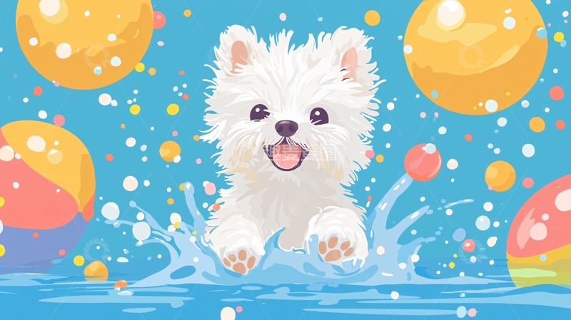 高清大图下载【趣麦麦图】白色小狗玩水
