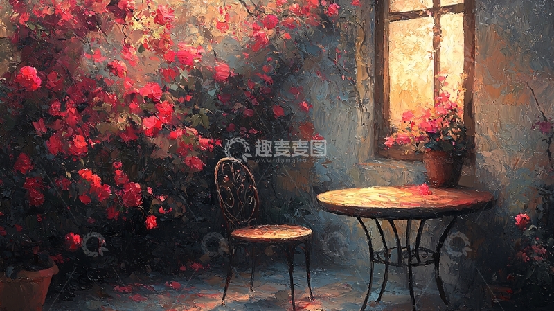 高清大图下载【趣麦麦图】窗边红花静物油画