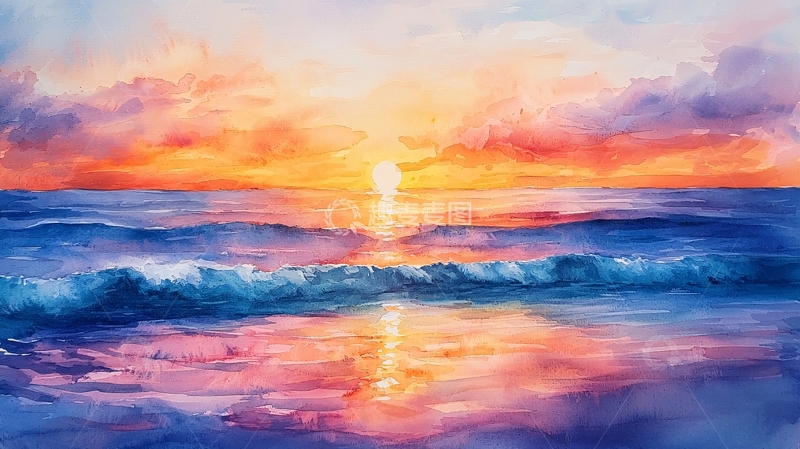 高清大图下载【趣麦麦图】水彩日落海景