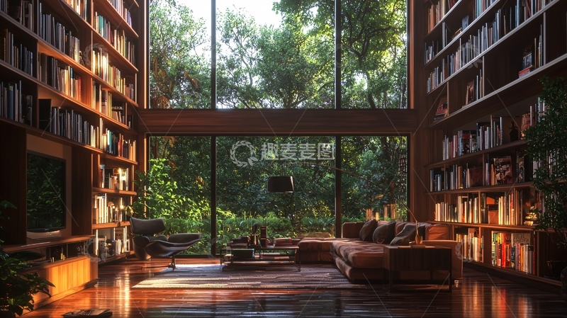 高清大图下载【趣麦麦图】阳光洒落的室内图书馆