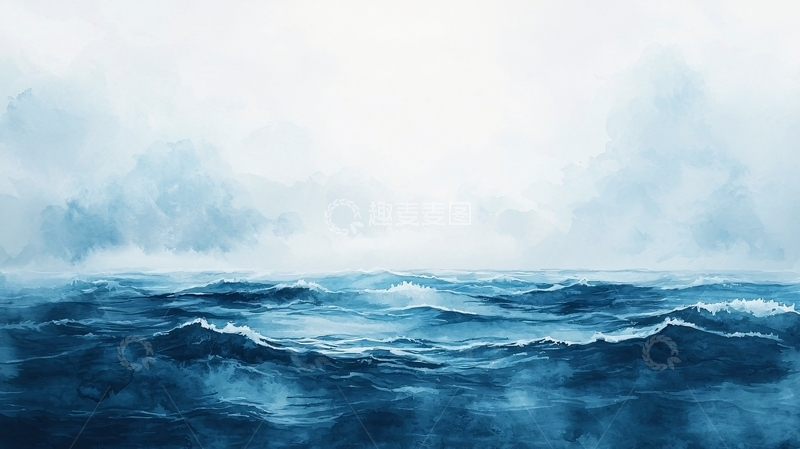 高清大图下载【趣麦麦图】水彩海面云雾缭绕