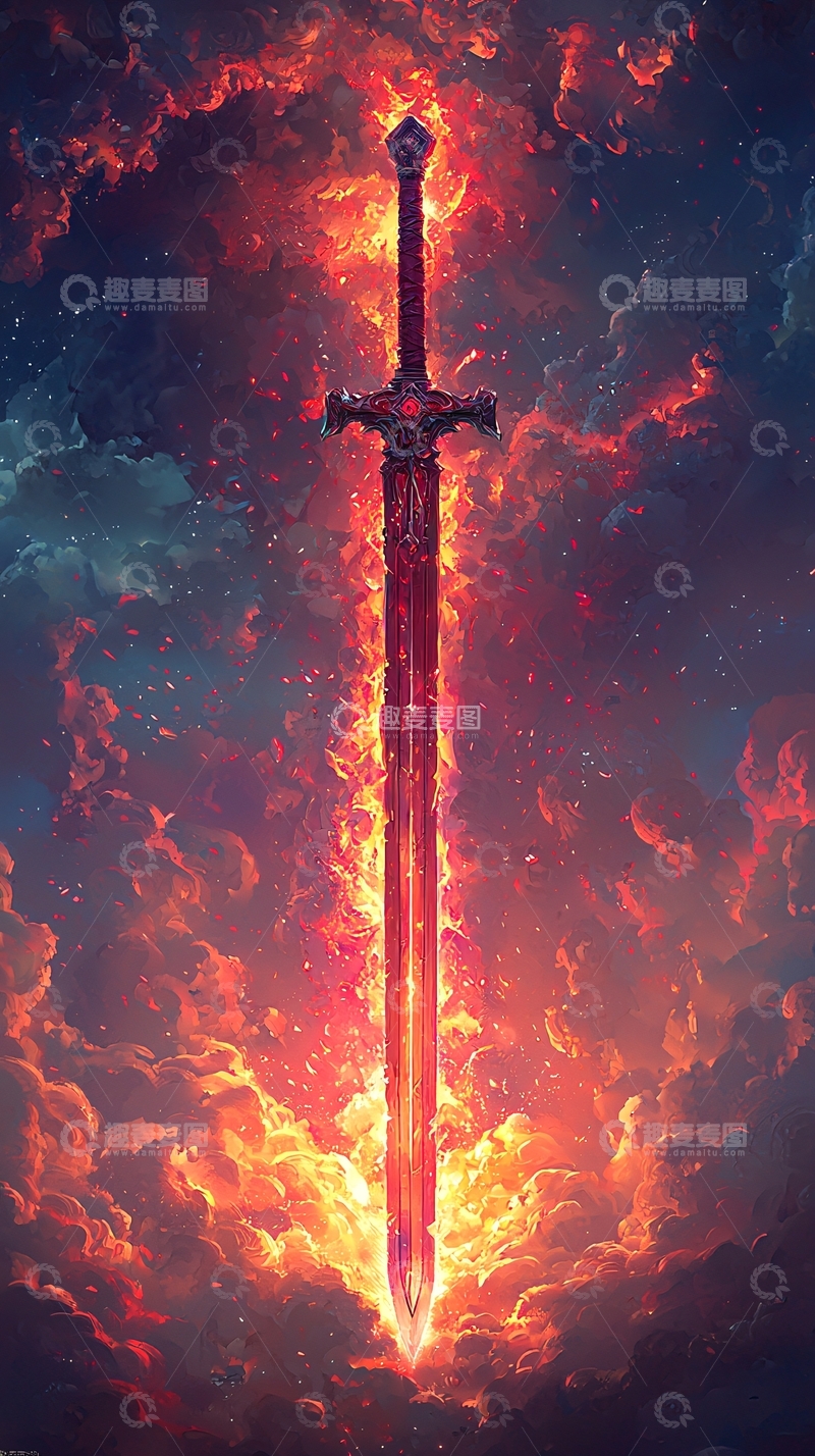 高清大图下载【趣麦麦图】燃烧的剑在火焰云中