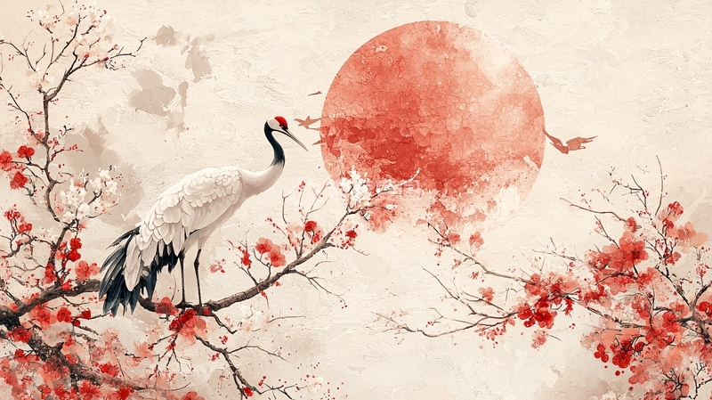 高清大图下载【趣麦麦图】丹顶鹤梅花红日背景图