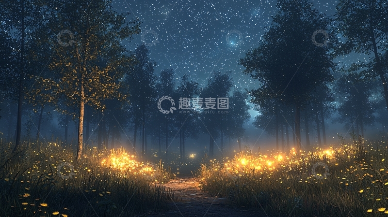 高清大图下载【趣麦麦图】星空下的萤火森林小路