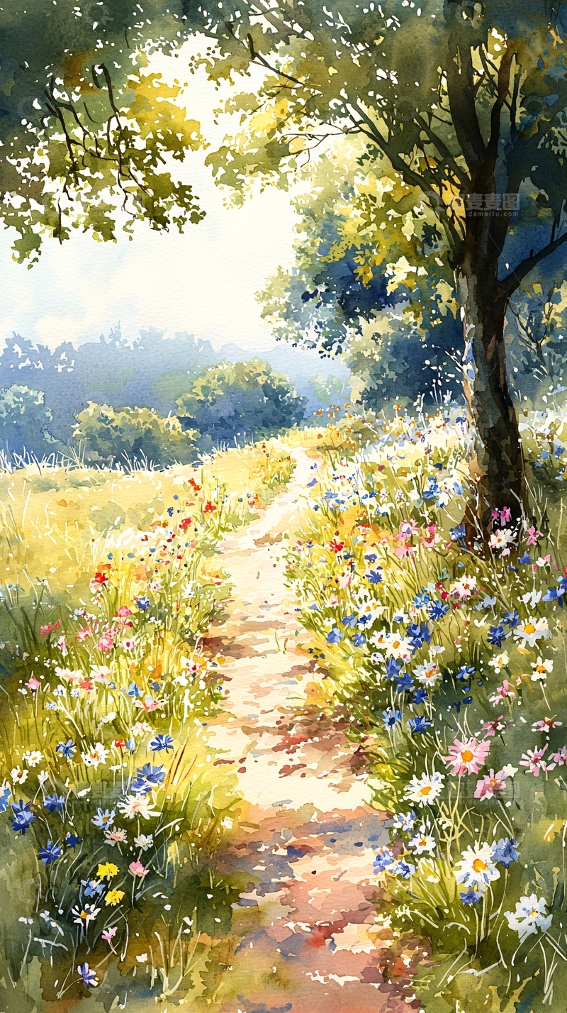 高清大图下载【趣麦麦图】田园小路水彩画