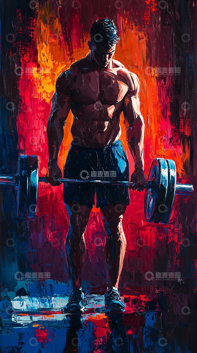 高清大图下载【趣麦麦图】肌肉男举重油画