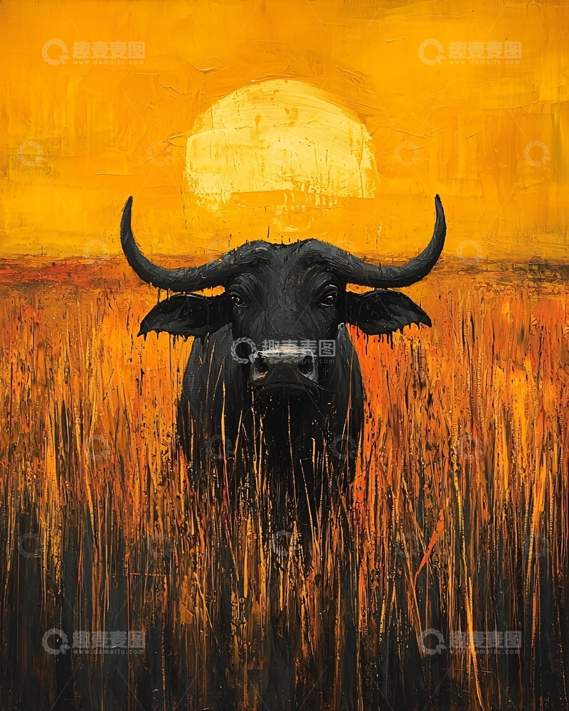 高清大图下载【趣麦麦图】夕阳下草原上的黑色水牛