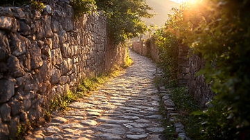 夕阳西下石板小路