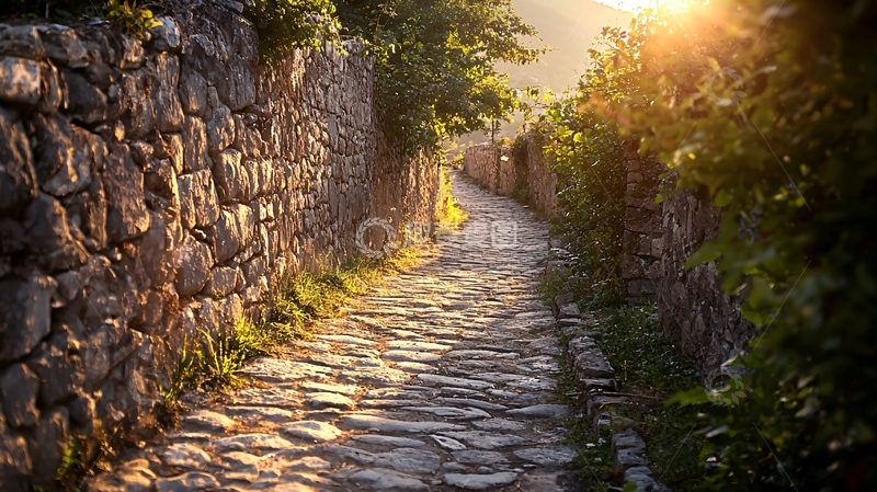 高清大图下载【趣麦麦图】夕阳西下石板小路