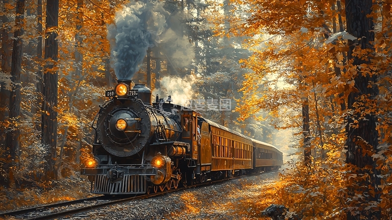 高清大图下载【趣麦麦图】秋日森林蒸汽火车
