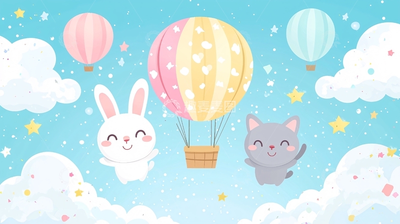 高清大图下载【趣麦麦图】卡通兔子猫咪热气球