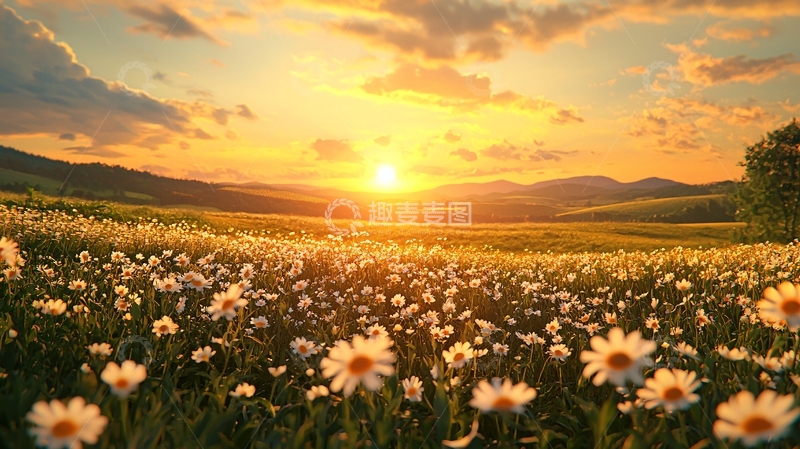 高清大图下载【趣麦麦图】日落田野雏菊花海