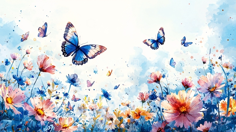 高清大图下载【趣麦麦图】水彩蝴蝶花田